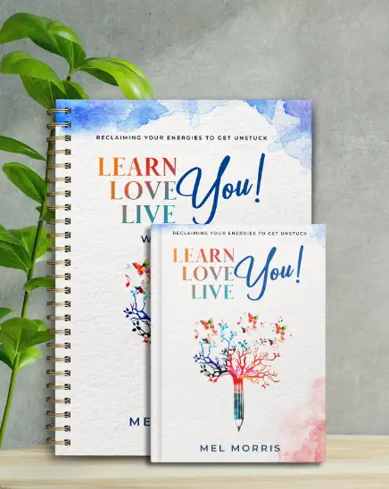 book and workbook standing upright on a table both titled Learn Love live you by Mel morris a leaning plant in the background