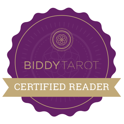 Magenta and gold logo reading biddy tarot certified reader