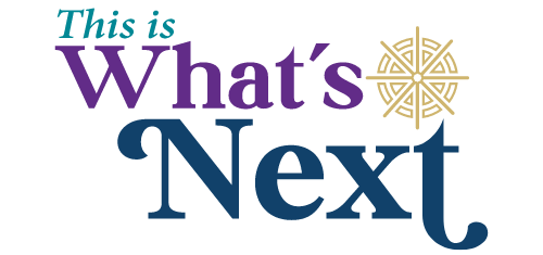 teal purple and blue logo reading this is what's next