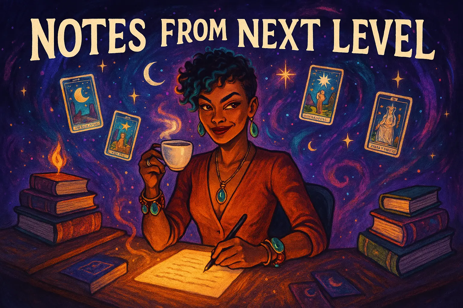 stylized image of an african american woman holding a tea cup and writing on a pad with a banner reading notes from the next level
