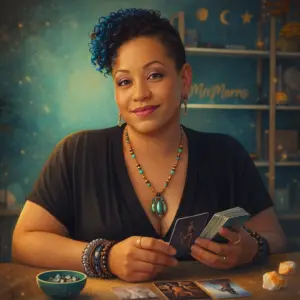 Stylized rendering of Mel Morris holding tarot cards wearing crystal gemstone jewlry