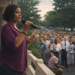 sylized image of mel morris african american woman speaking to a crowd outdoors
