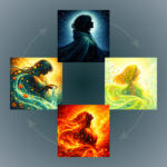 4 stylized images of women in different seasons on a greyish blue background with arrows forming a circle