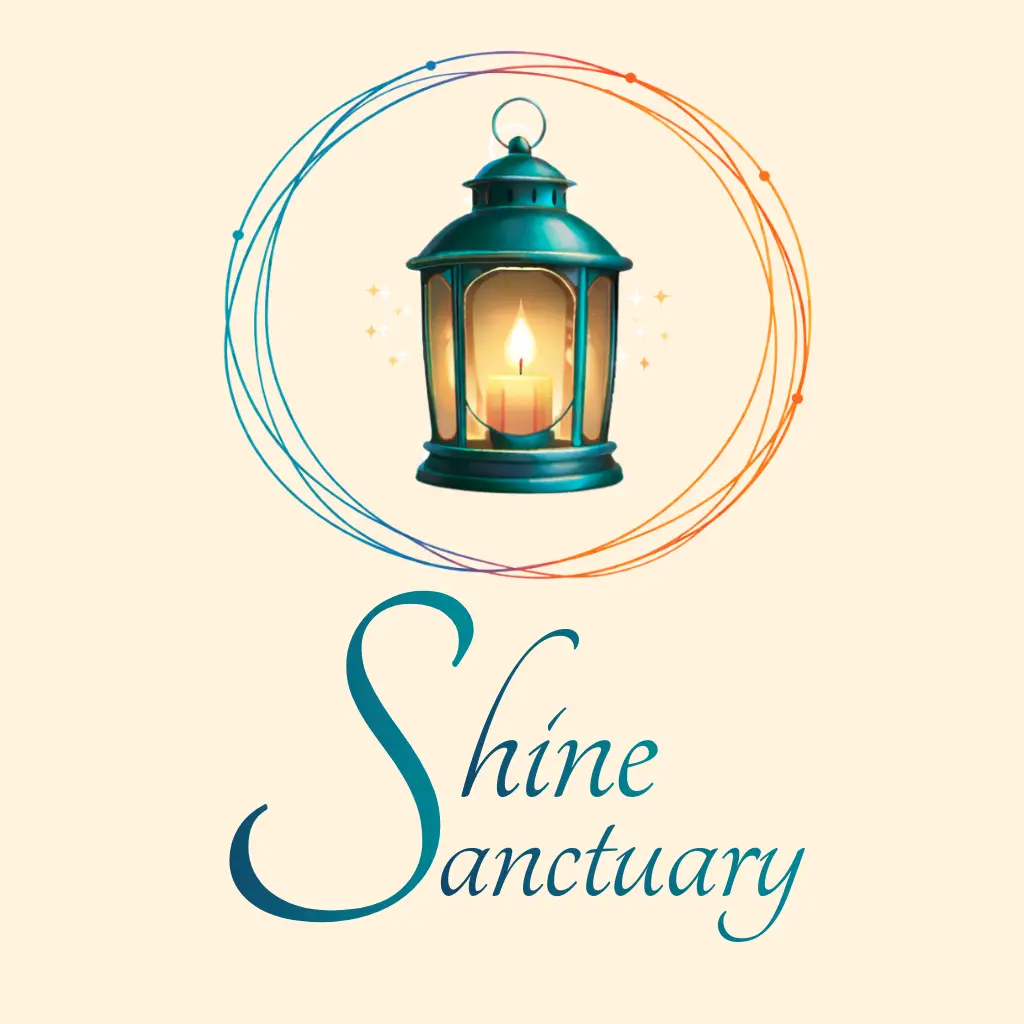 shine sanctuary logo in teal includes a teal lanterns surrounded by multi color circles on a pale yellow background