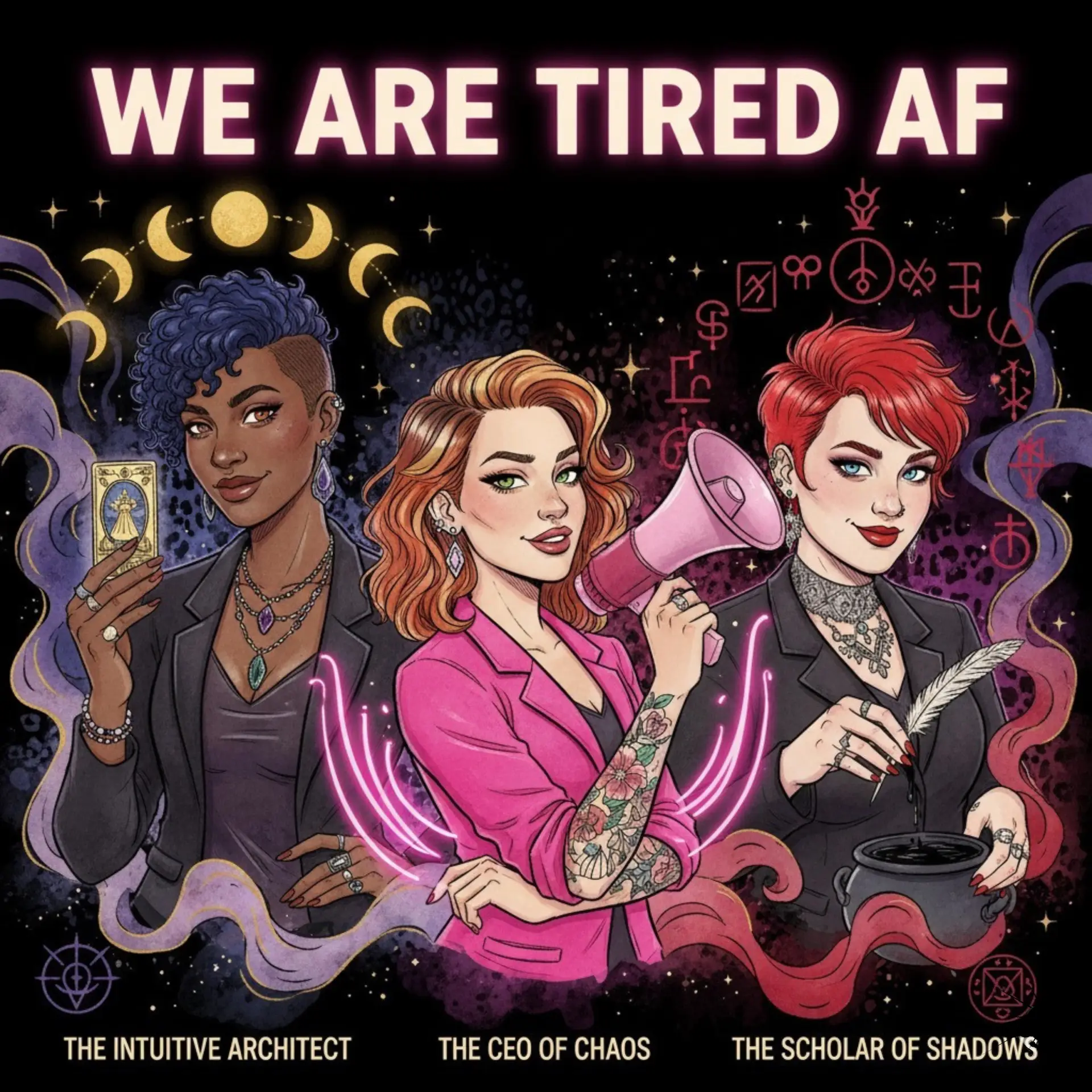 stylized image of 3 diverse women with a banner reading we are tired af