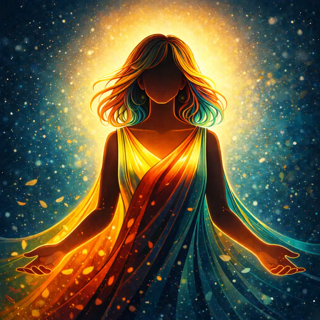 stylized image of a woman in shadow with light shining behind and arms outstretched with flowing clothes