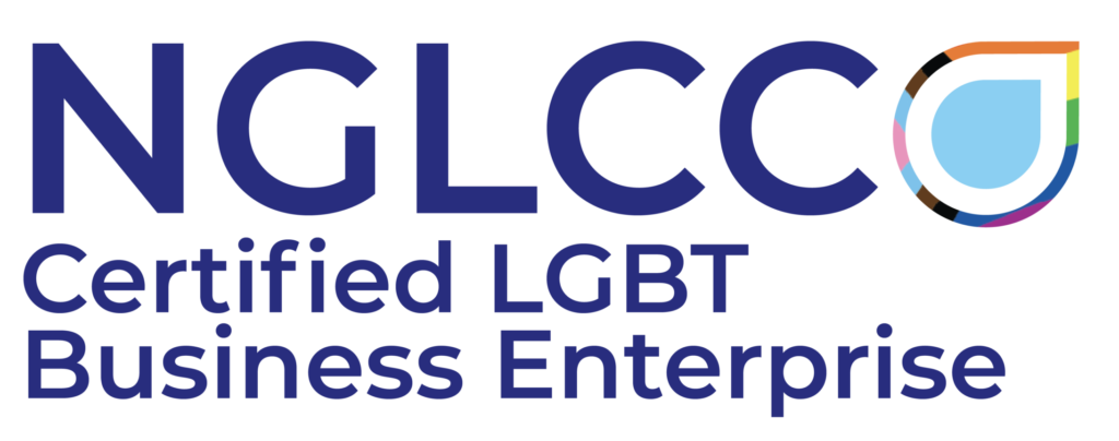 Blue and rainbow colored logo reading nglcc certified lgbt business enterprise